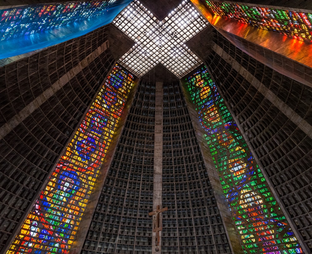 low-angle photography of church ceiling