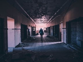 A dimly lit, abandoned corridor with peeling paint and rubble scattered on the floor. A solitary figure is silhouetted against the light at the end of the hallway, creating a sense of mystery and exploration.