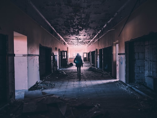 A dimly lit, abandoned corridor with peeling paint and rubble scattered on the floor. A solitary figure is silhouetted against the light at the end of the hallway, creating a sense of mystery and exploration.