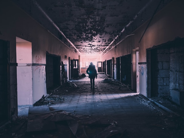 A dimly lit, abandoned corridor with peeling paint and rubble scattered on the floor. A solitary figure is silhouetted against the light at the end of the hallway, creating a sense of mystery and exploration.