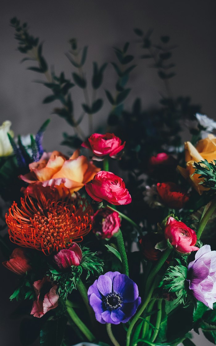 Moody close-up floral arrangement with orange protea, red ranunculus, and purple anemone