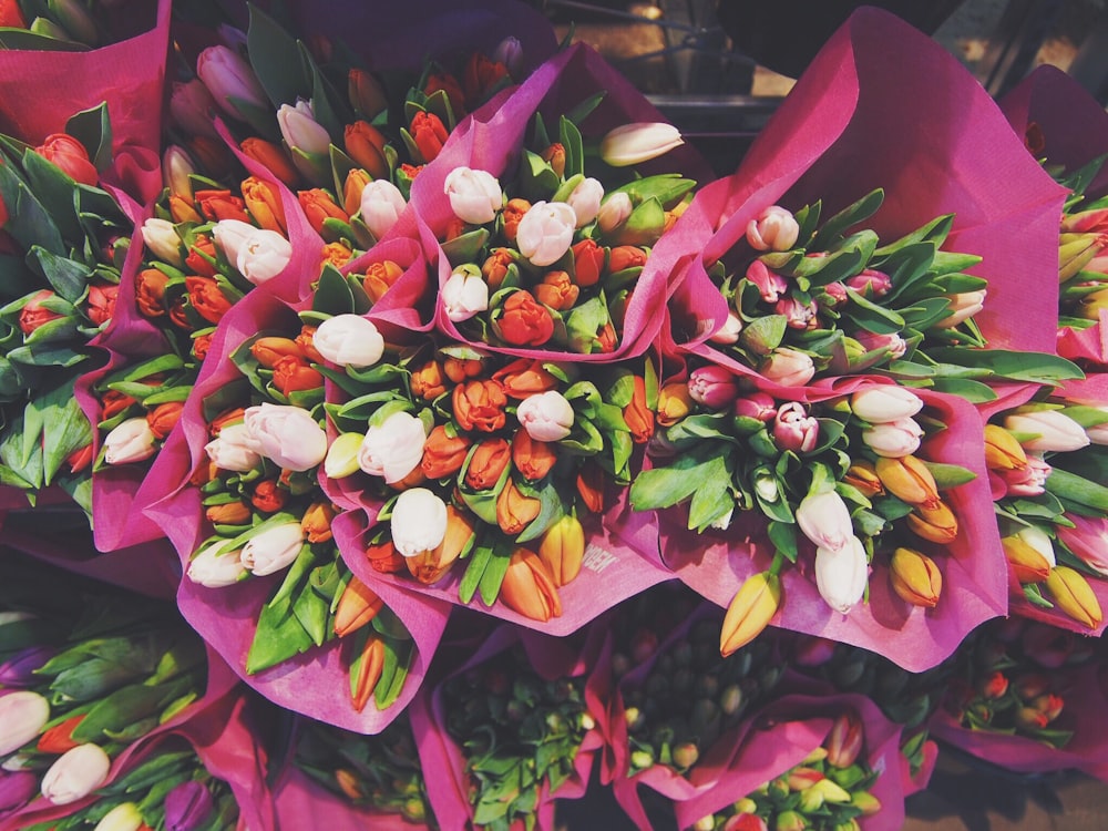 bouquets de fleurs rouges, jaunes et blanches