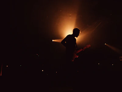 Silhouetted artist playing guitar under dim, warm stage lighting with indigo shadows.