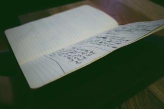 A notebook is open on a table, displaying pages filled with handwritten notes. The environment is softly lit, emphasizing the written content and creating a focused atmosphere.