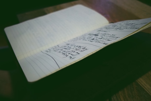 A notebook is open on a table, displaying pages filled with handwritten notes. The environment is softly lit, emphasizing the written content and creating a focused atmosphere.