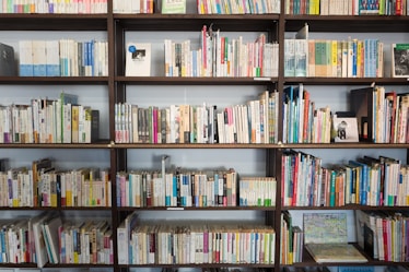 assorted books on brown wooden shelf at daytime