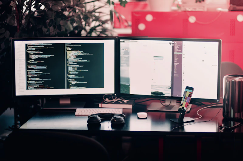 Two monitors showing code on a dark desk