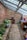 A narrow brick walkway leads through a greenhouse-like space with slanted glass roof panels. On the left, a raised brick planter holds various green plants, while a watering can is nearby. A red cabinet and a black pot are at the far end against a weathered brick wall. On the right, a wooden table is cluttered with various gardening tools, pots, and containers. The atmosphere is rustic and peaceful.