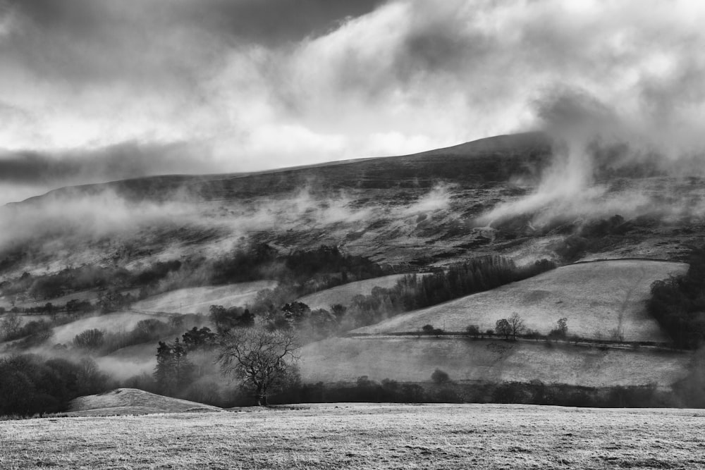 Photo en niveaux de gris de montagnes