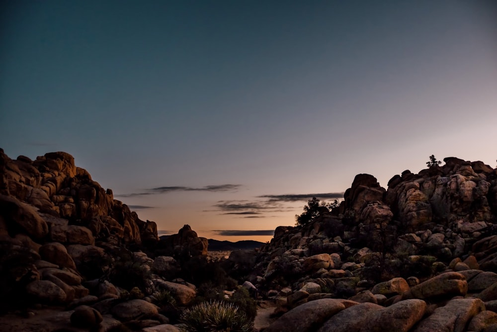 brown rocky shore during sunset