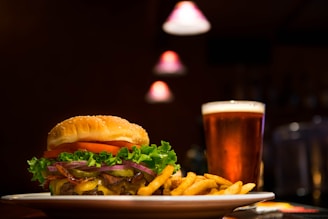 burger and fries on plate