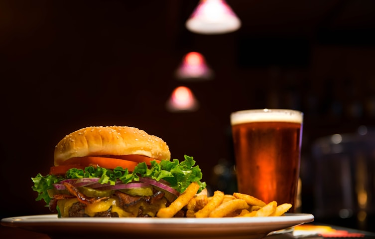 burger and fries on plate