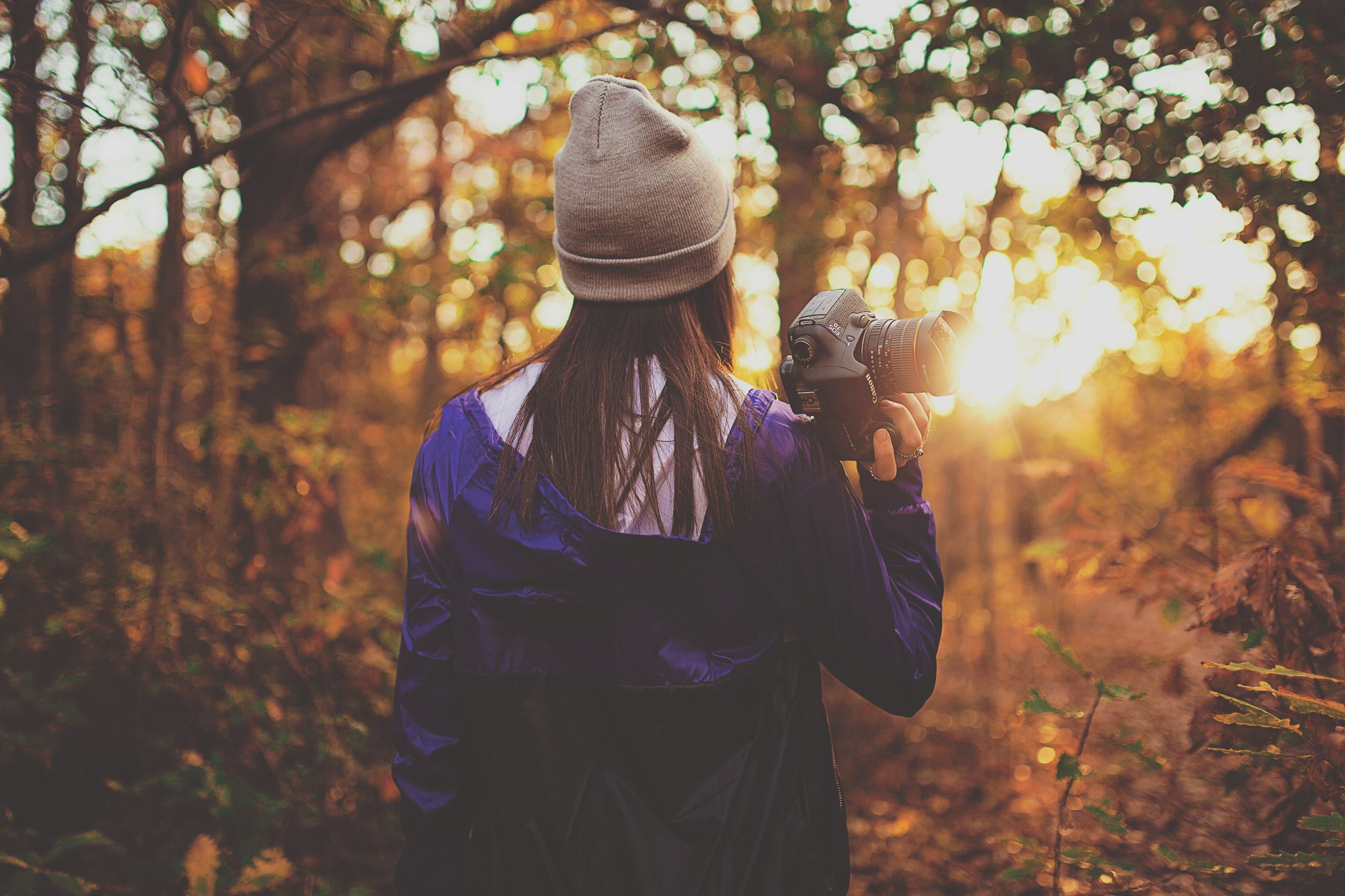 woman in forest holding DSLR camera during golden hour