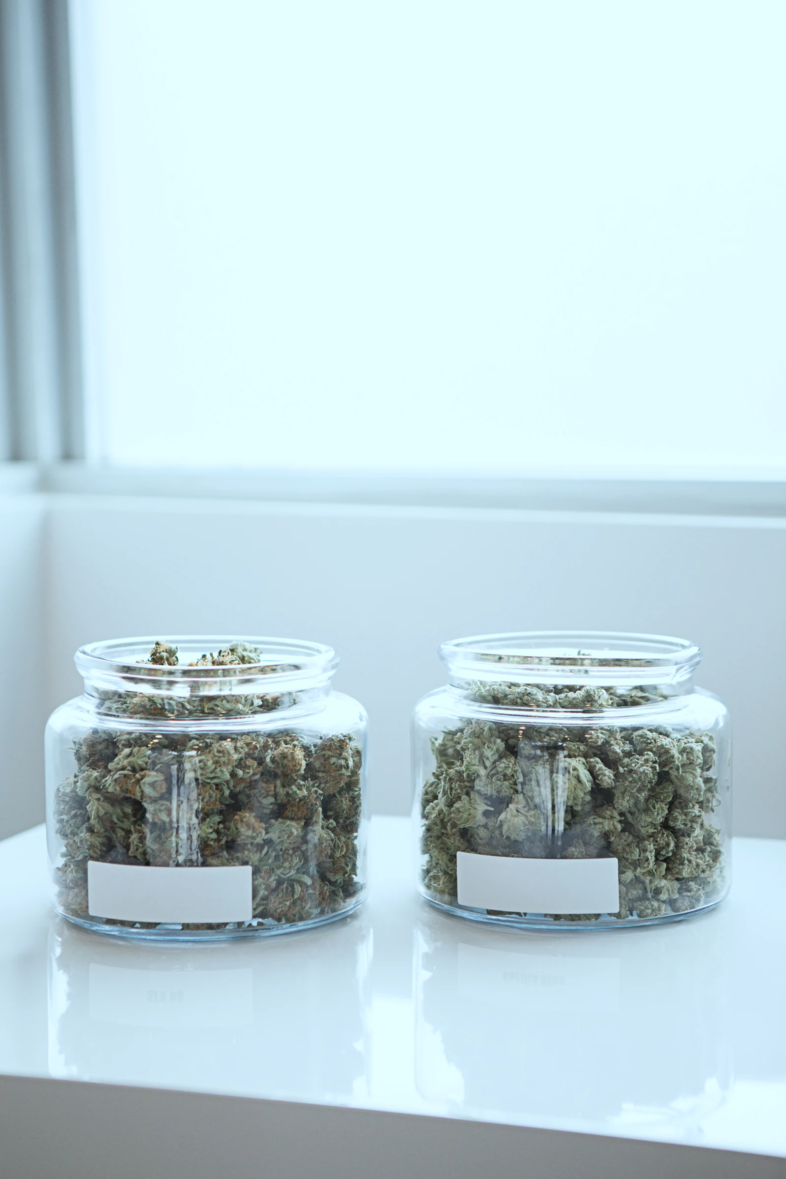 Clear glass jars of cannabis flower lined up on a table, the package-level stock a dispensary platform tracks