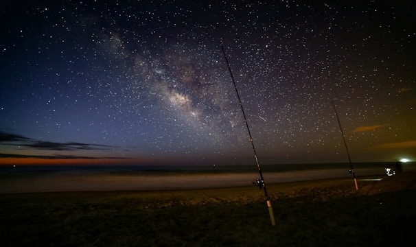 A night-time beach scene with a star-filled sky prominently showcasing the Milky Way galaxy. Two fishing poles are planted in the sand near the water's edge, and there are distant lights visible on the horizon.