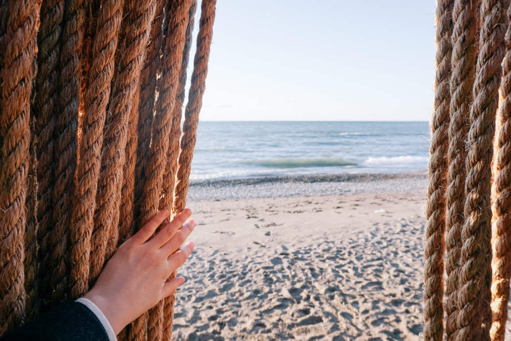 person holding brown rope over seeing body of water