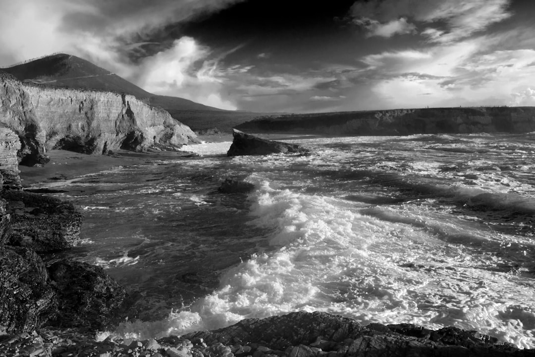 grayscale photo of body of water