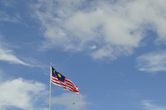 A flag featuring a blue field with a yellow crescent and a 14-point star, as well as alternating red and white horizontal stripes, is flying on a flagpole against a background of partly cloudy sky.