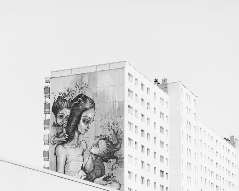 grayscale photo of painted building