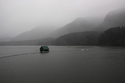 A serene landscape features a dark, misty lake surrounded by mountains shrouded in fog. A small green house floats on the water, connected to a narrow wooden pathway. The surrounding forest blends into the mist, creating a tranquil and mysterious atmosphere.