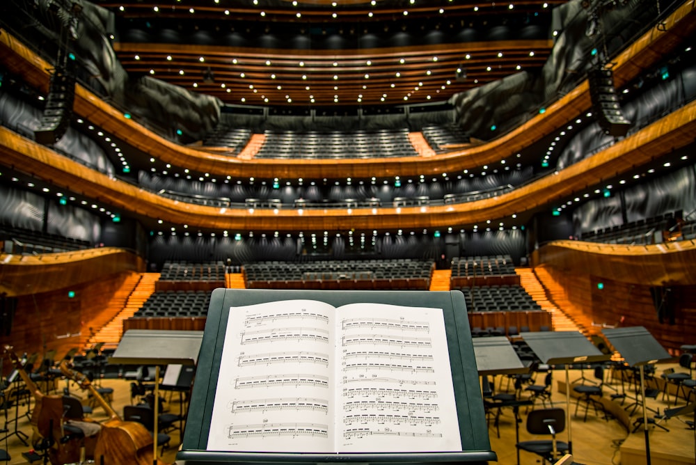 A view from over a conductor's stand on an elegant concert hall in Katowice