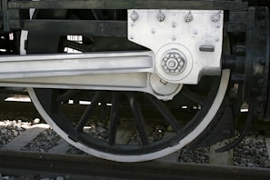 A close-up of a train wheel on a railway track. The wheel is large and metallic, featuring intricate detailing on the hub. The surroundings include wooden beams and gravel, typical of a railroad environment.