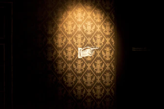 Close-up of a hands installing exquisite patterned wallpaper in a bright room.