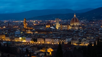 A panoramic view of multiple cast bells mounted in a community bell tower at dusk.