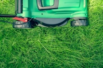 A lawn mower is positioned on a patch of lush, green grass, showcasing the machine's green and black exterior with a red lever on the side.