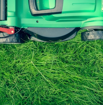 green and black lawnmower on green grass