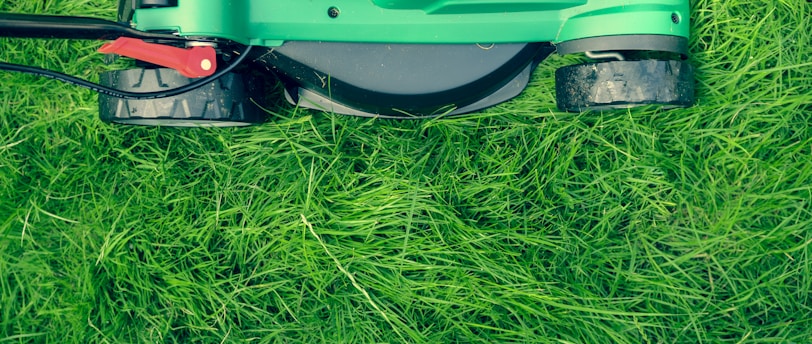 green and black lawnmower on green grass