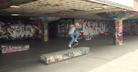 A skateboarder performing a trick on a graffiti-covered concrete platform in an urban skate park. The area is decorated with vibrant street art on the walls and pillars, creating a colorful and energetic backdrop. The skateboarder is mid-action, showcasing skill and balance.
