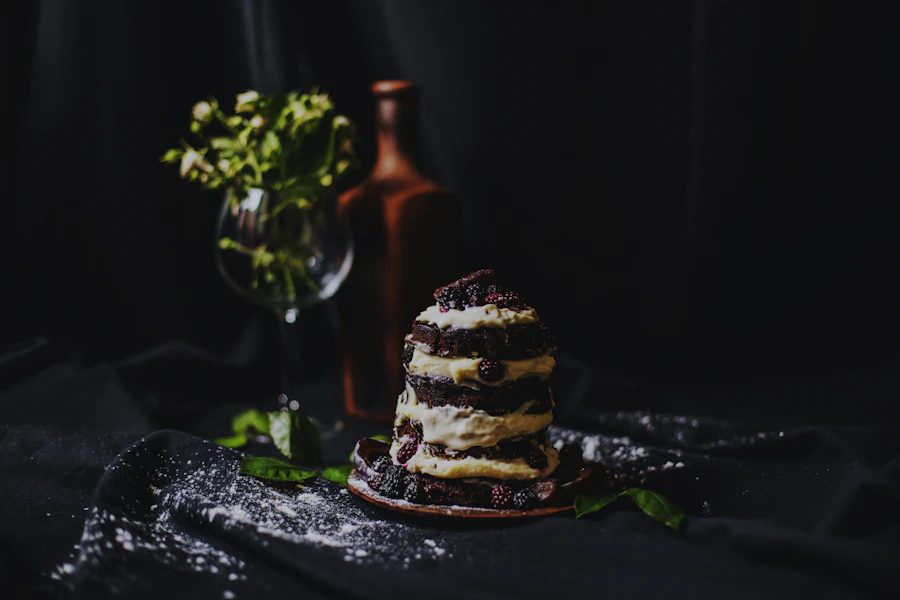 Chocolate cake on a dark table