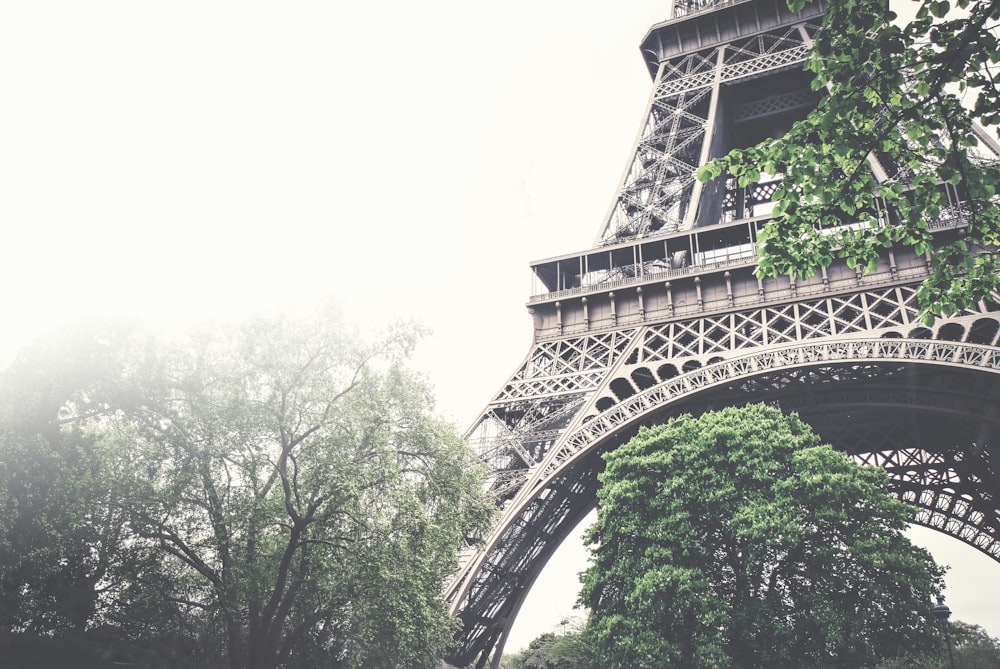Fotografía contrapicada de la torre Eiffel
