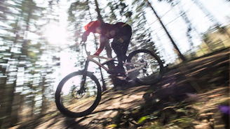 A vibrant action camera mounted on a mountain bike handlebar, capturing a thrilling downhill ride through lush forest trails.