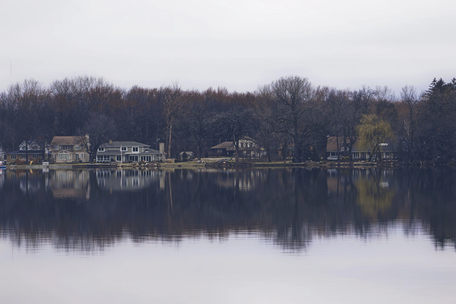 Lakeside cabins reflecting in still water among the pines