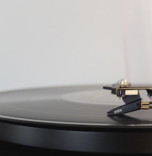 round black vinyl disc on vinyl player