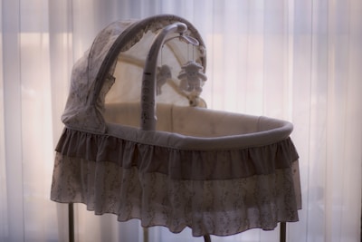 A baby bassinet with a soft fabric canopy and ruffled skirt stands near a sheer curtain. Hanging from the bassinet's handle are two plush toys.