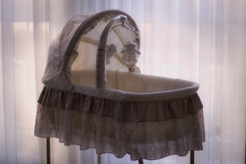 A baby bassinet with a soft fabric canopy and ruffled skirt stands near a sheer curtain. Hanging from the bassinet's handle are two plush toys.