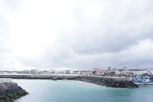 A coastal area features a harbor with calm turquoise water and a rocky breakwater. Several buildings with white and red roofs line the waterfront, under overcast skies. Fishing boats are moored near the marina, and a gently sloping shoreline extends into the distance.