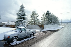 A silver pickup truck is parked on the side of a snow-covered road. The surroundings include snow-draped evergreen trees and a residential fence. The landscape is bright with overcast skies, and the ground appears wet possibly from melting snow.