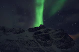 Northern lights dancing above a snowy Norwegian fjord under a starry night.