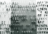 A display of various types of keys and locks arranged neatly on a wooden surface.