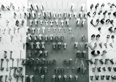 An array of keys organized neatly in a locksmith's shop.