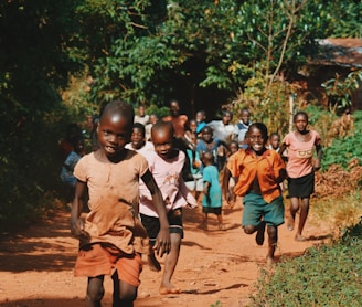 children running and walking on brown sand surrounded with trees during daytime