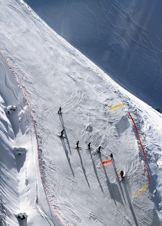 top view of people skating on snow in Les Deux Alpes France