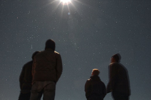 A jovial reunion of Allen family members from different planets under a starlit sky.