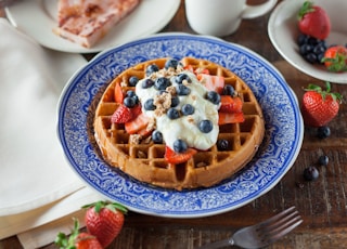 waffle pancake on blue ceramic plate