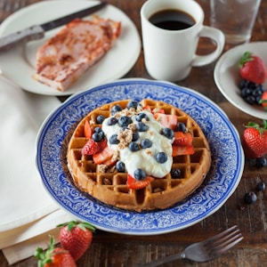 waffle pancake on blue ceramic plate