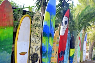 A collection of colorful surf accessories displayed on a wooden table.
